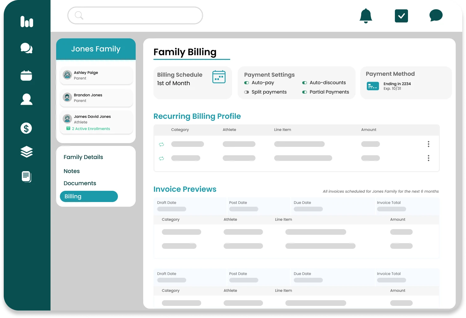Full Out family billing page showing billing schedule, payment settings, recurring billing profile and invoice previews