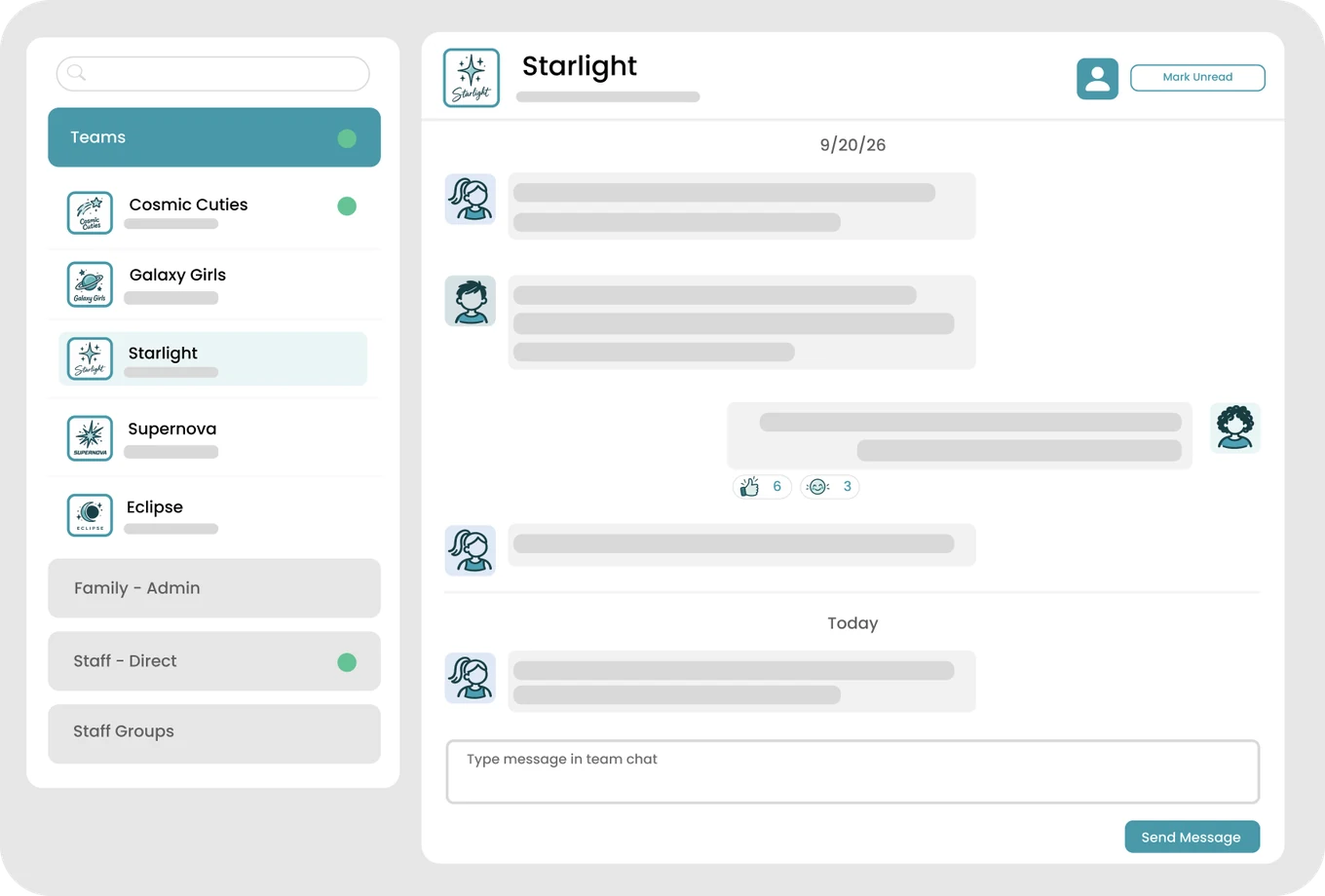 Full Out team chat with a list of teams and a message thread for Team Starlight
